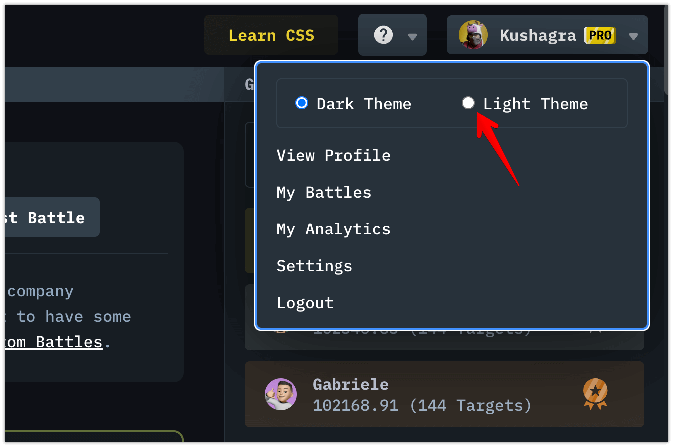 Light/dark theme switch in profile menu on top-right